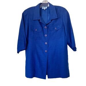 QPS Collared 3/4 Sleeve Button Front Top Royal Blue Size 12
